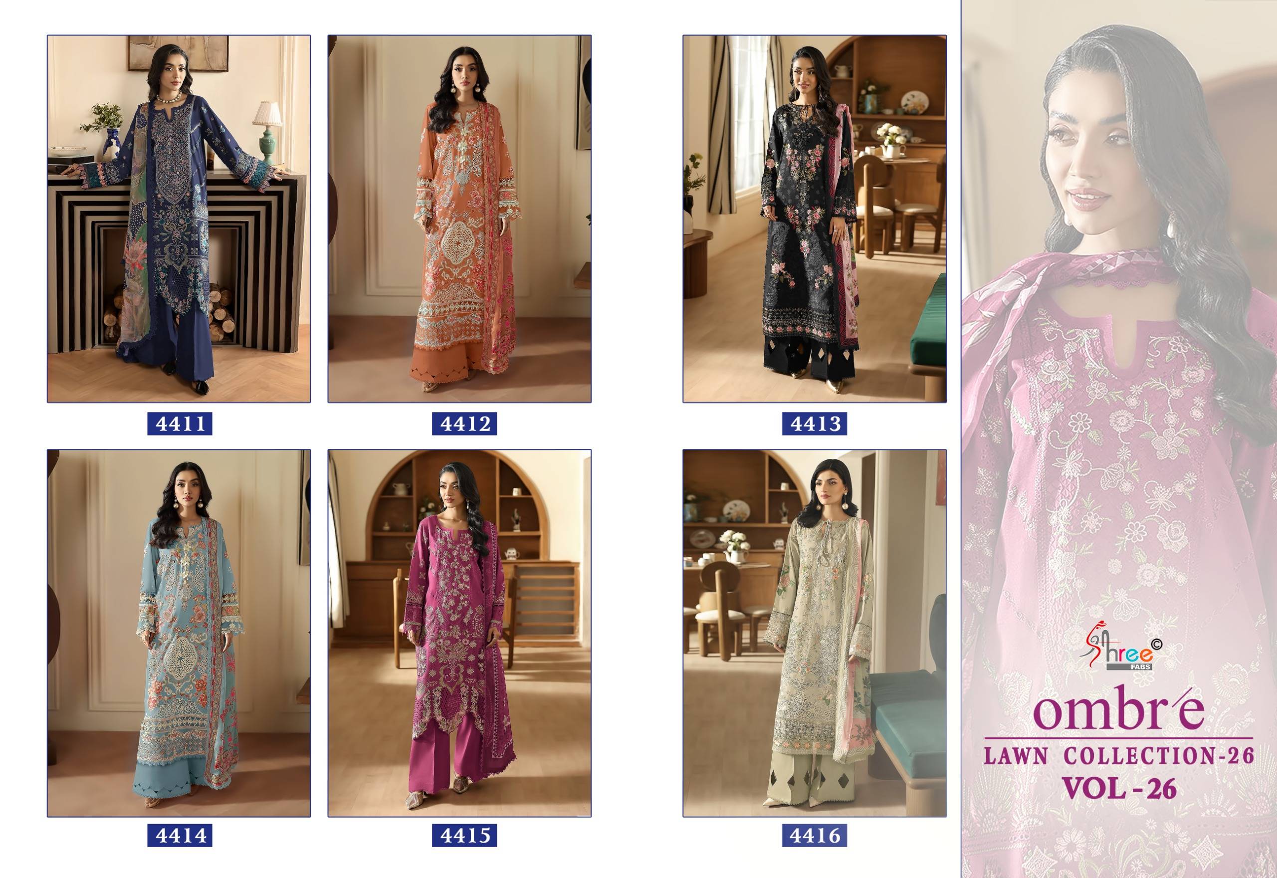 OMBRE LAWN COLLECTION VOL-26 by Shree fabs 4411 To 4416 Series Beautiful Pakistani Suits Wear Pure Cotton Dresses At Wholesale Price